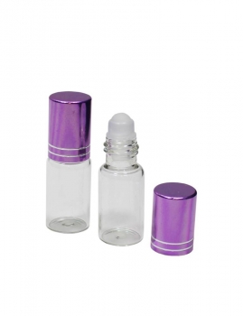 Roll-On 5ml rund mit Glaskugel, komplett, weissglas mit violettem/lila Deckel, silber gestreift